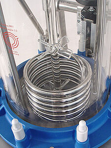 Glass stirrers and internal cooling coil for glass mini pilot plant