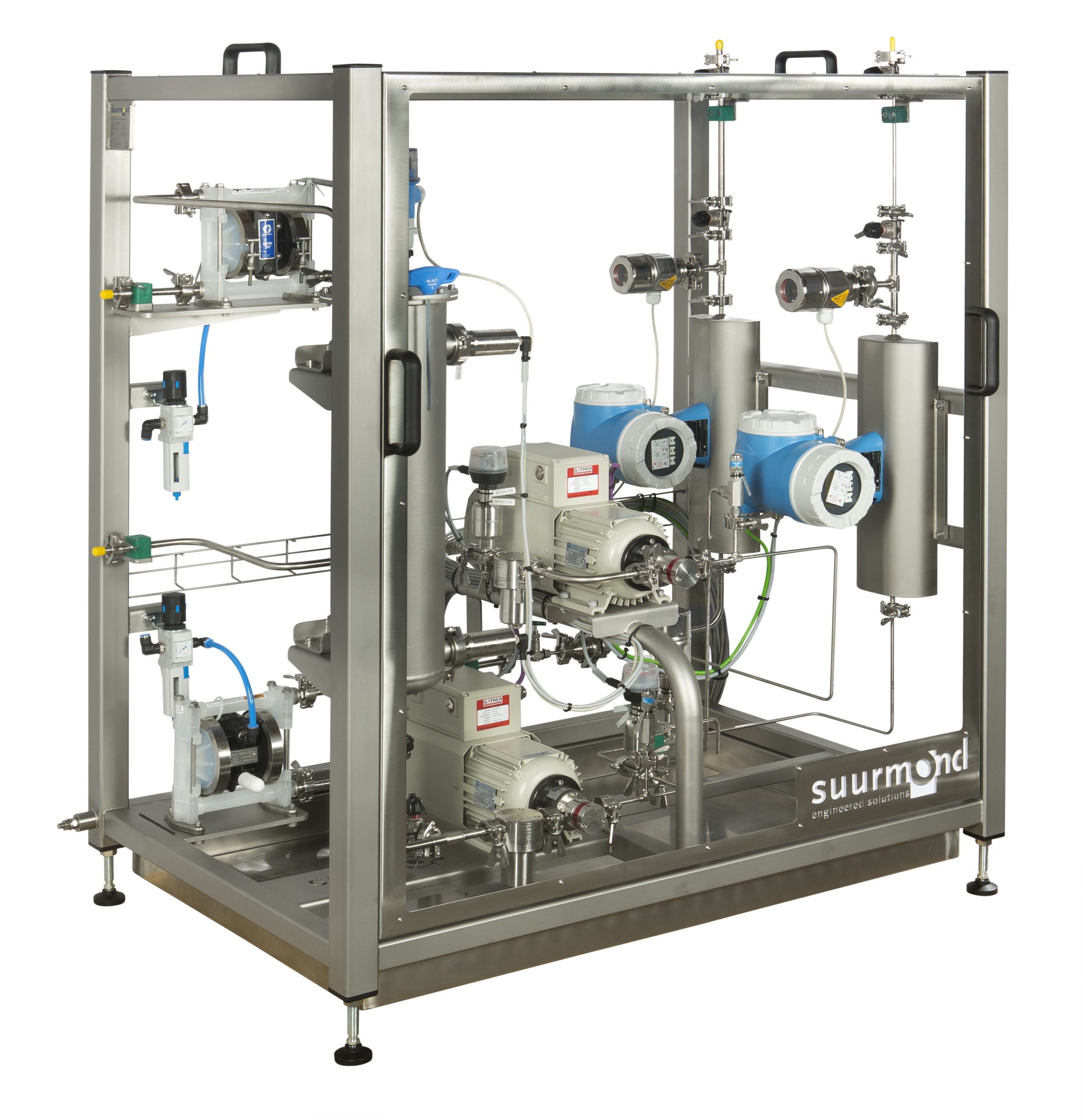 De doseer- en mengmodule maakt gebruik van twee doseerpompen en drie flowmeters.
