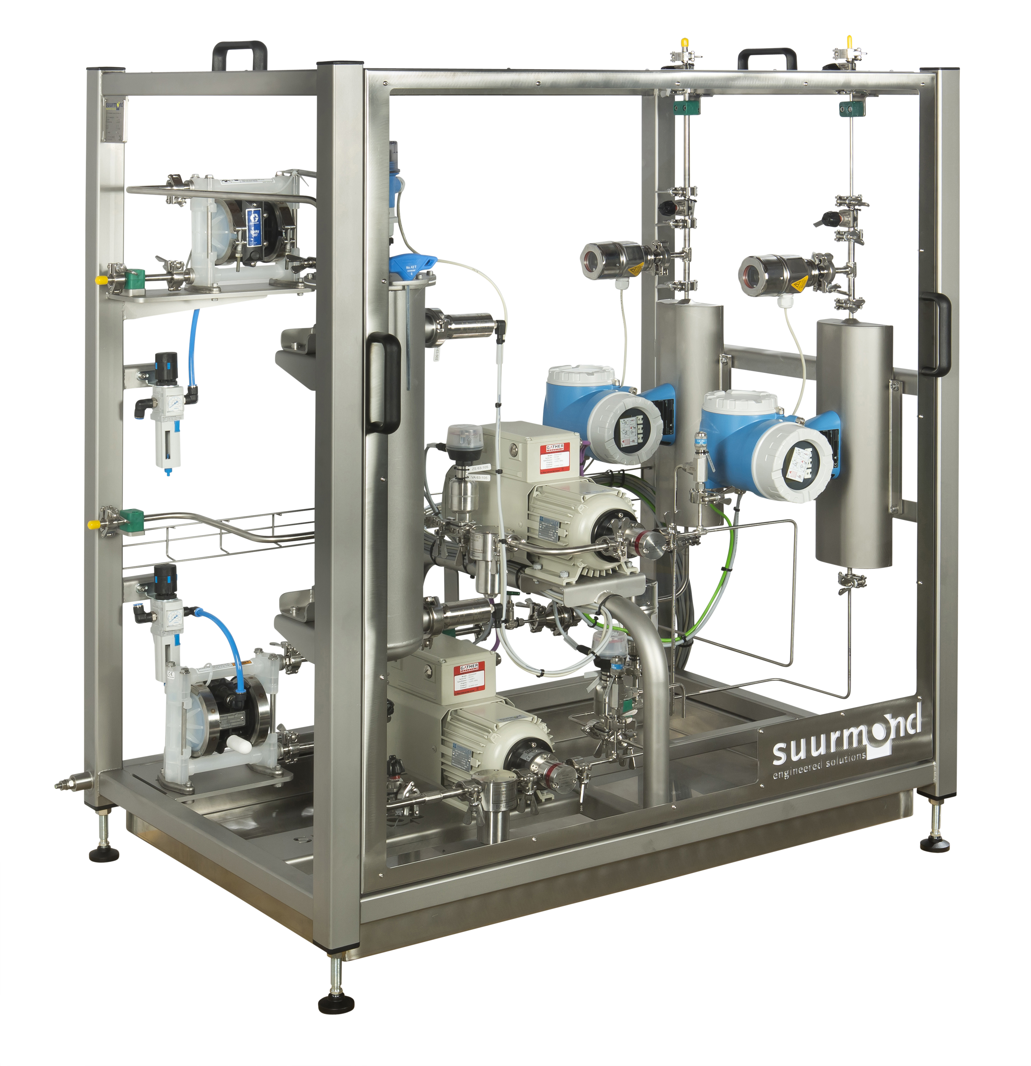 De doseer- en mengmodule maakt gebruik van twee doseerpompen en drie flowmeters.